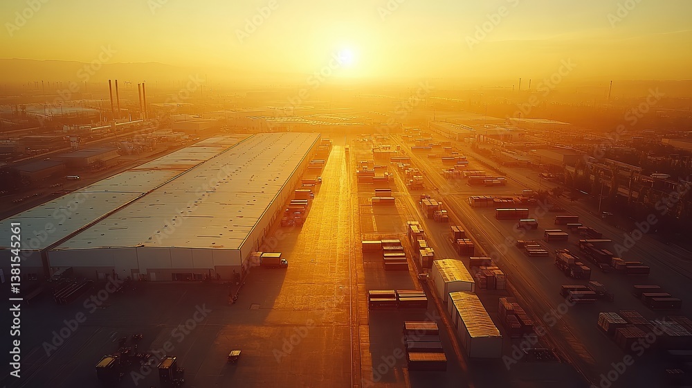 Fototapeta premium Sunrise over warehouse grid, trucks and forklifts move between rows, white rooftops glow in golden light at busy logistics center