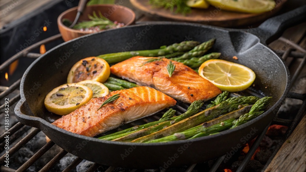 Salmon steaks in a cast iron skillet with asparagus and lemon wedges, showcasing a gourmet seafood dish.
Salmon steaks in a cast iron skillet with asparagus and lemon wedges, showcasing a gourmet seafood dish.