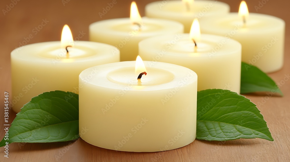 Burning candles with green leaves arranged in a soft focus environment Burning candles with green leaves arranged in a soft focus environment