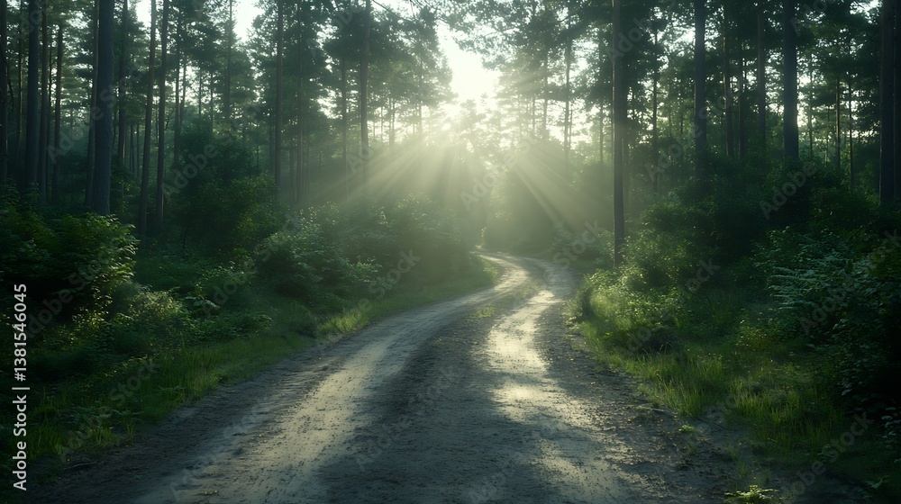 Naklejka premium A forest road curves towards bright sunlight through tall trees