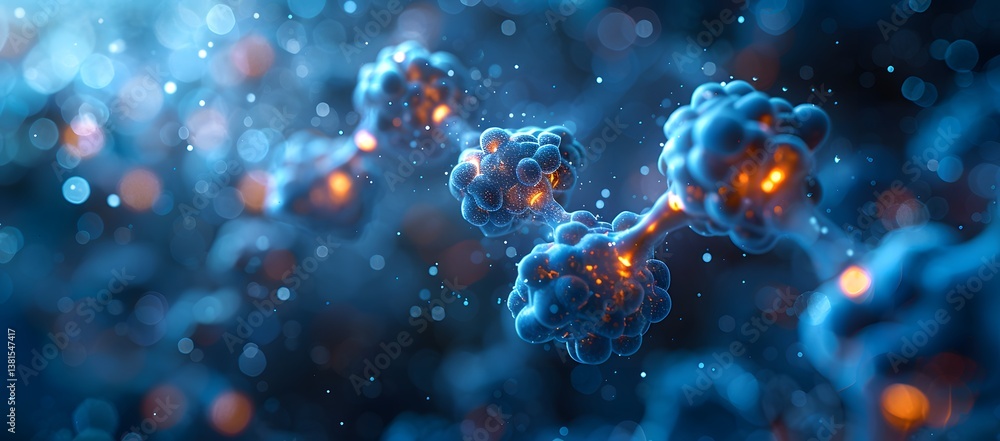 Obraz premium Molecular Structure with Glowing Connections and Bokeh Background in Blue Tones