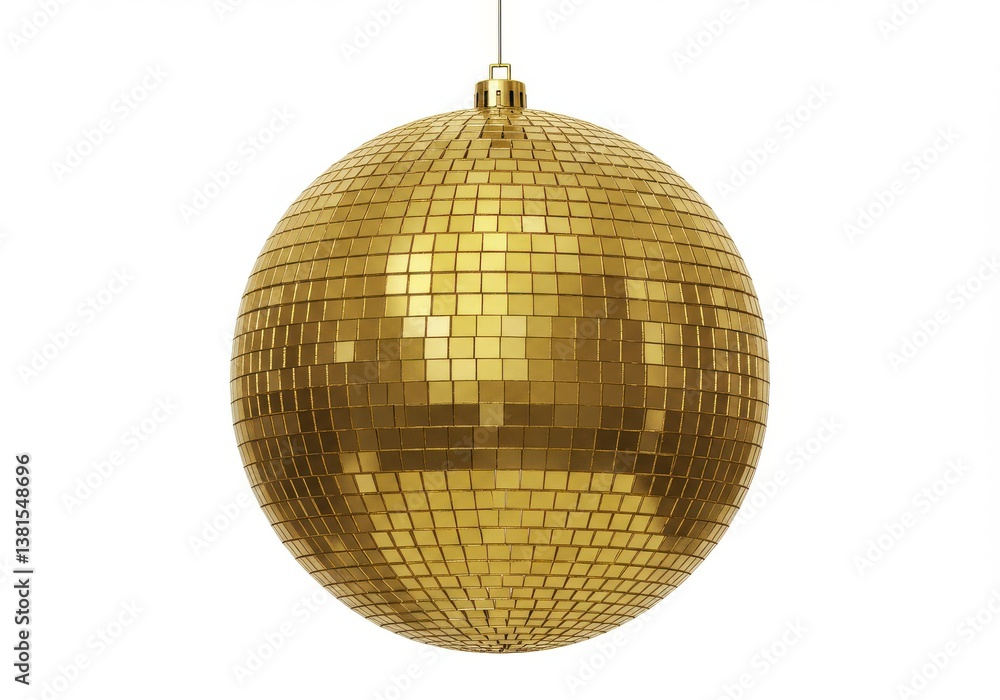 Obraz premium Isolated golden disco ball hanging from a string on a white background in a studio setting