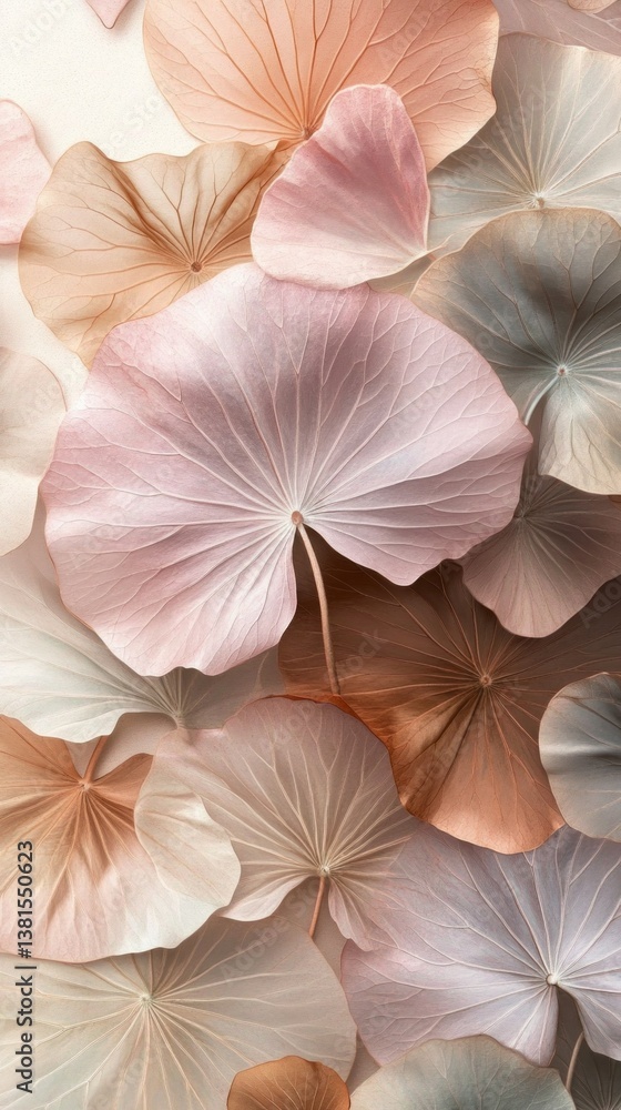 Fototapeta premium Soft, translucent petals in shades of pink, cream, and light grey overlap gracefully. This serene arrangement evokes feelings of calmness and beauty in a gentle natural setting