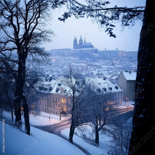 Snowy Prague with gothic castle from Petrin Hill.
