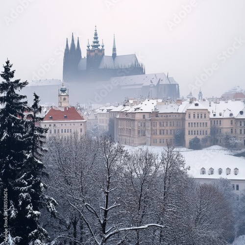 Snowy, foggy Prague city.