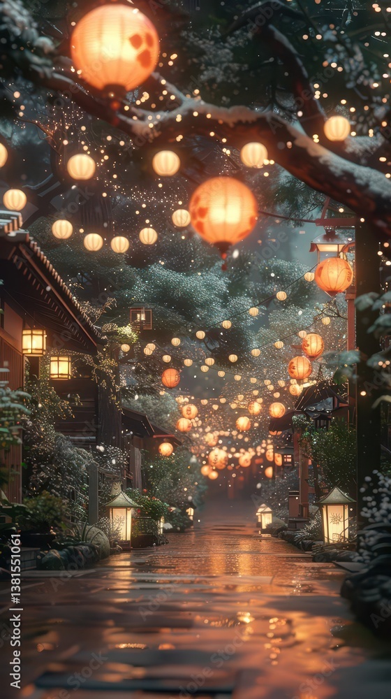 A serene path illuminated by glowing lanterns amidst snow-covered trees and traditional buildings.
