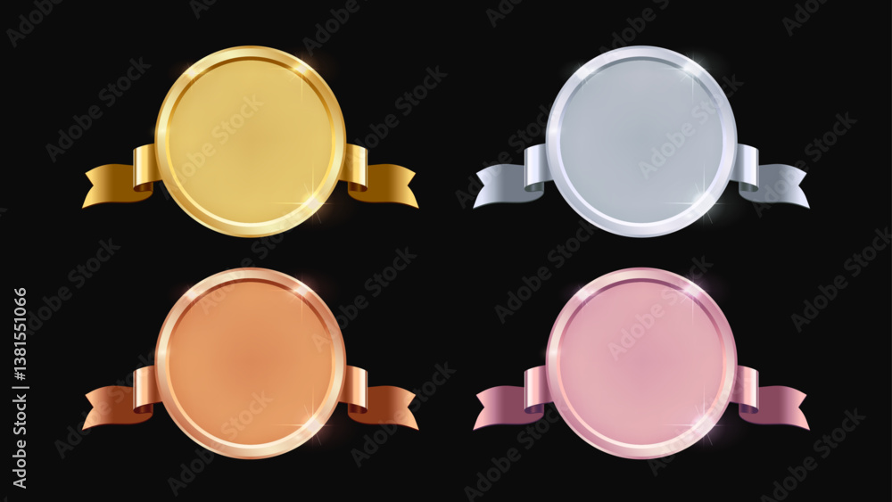 Fototapeta premium Gold, Silver, Bronze, and Rose Gold Medals with Ribbons for First, Second, Third, and Fourth Place | Realistic Trophy and Medal Collection for Awards and Prizes. Vector.