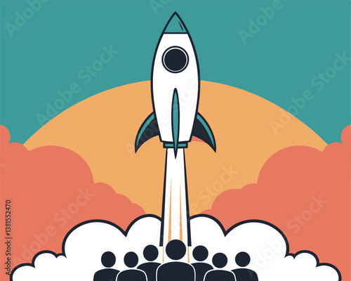 Team Launching Rocket: Business Startup, Growth, and Success Concept Illustration.