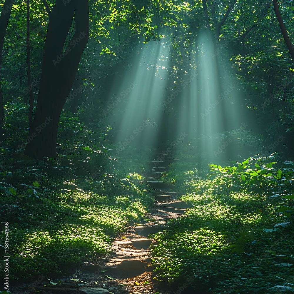 Obraz premium Sunlight beams through mystical forest lush nature high resolution hd image