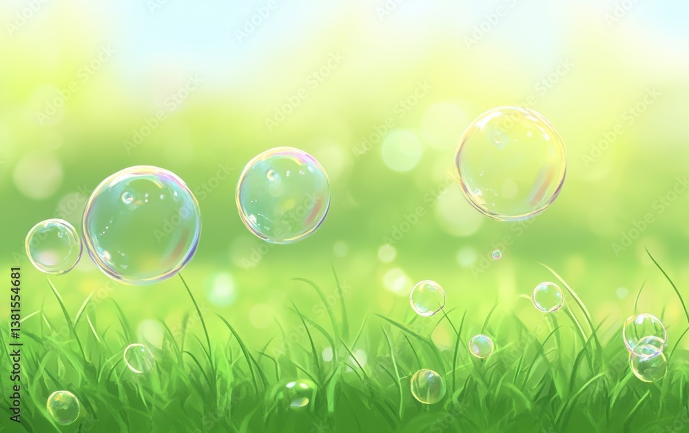 Floating Soap Bubbles Over Green Grass with Bokeh Background Illustration Floating Soap Bubbles Over Green Grass with Bokeh Background Illustration