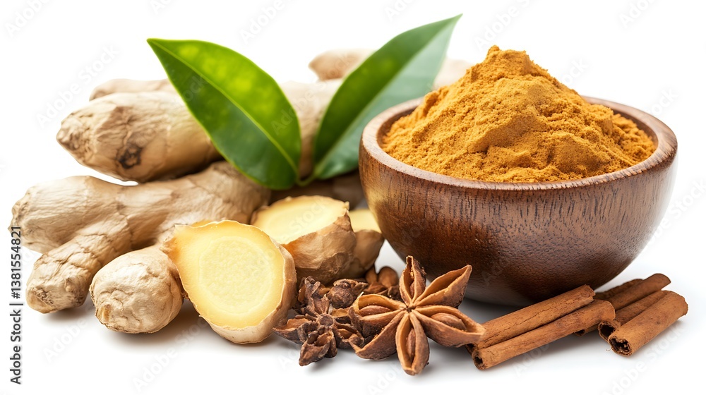 An arrangement of fresh spices including ginger and cinnamon in detail An arrangement of fresh spices including ginger and cinnamon in detail