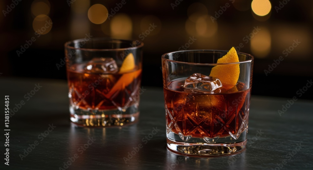 Two old fashioned cocktails with ice cubes and orange peel on a bar top. The cocktail is ideal for special occasions, happy hour, or new year's eve. Two old fashioned cocktails with ice cubes and orange peel on a bar top. The cocktail is ideal for special occasions, happy hour, or new year's eve.