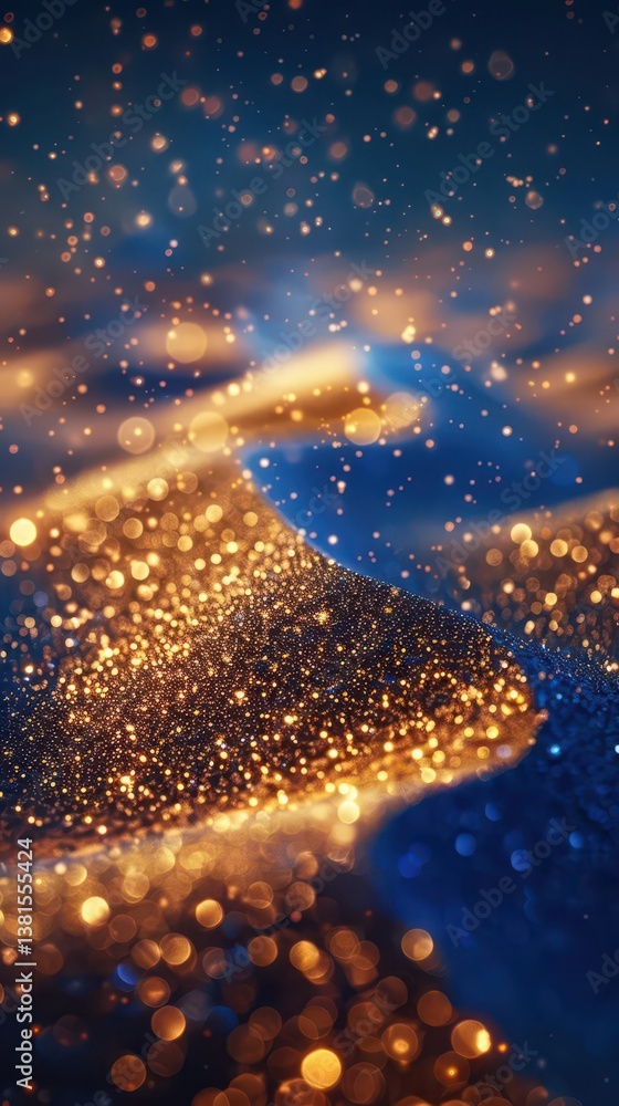 A close-up of shimmering golden glitter against a blue background, evoking a magical atmosphere. A close-up of shimmering golden glitter against a blue background, evoking a magical atmosphere.