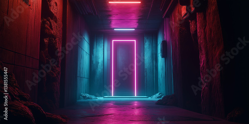 Empty corridor with glowing neon frame illuminating a closed door
