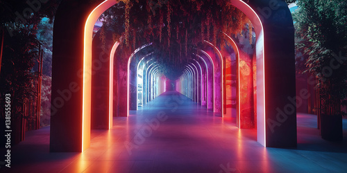 Neon archway illuminating tropical plants in a futuristic corridor