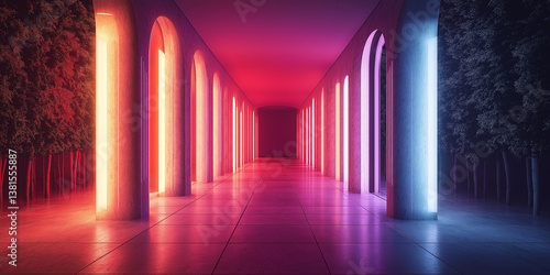 Glowing neon corridor extending into mysterious forest at night