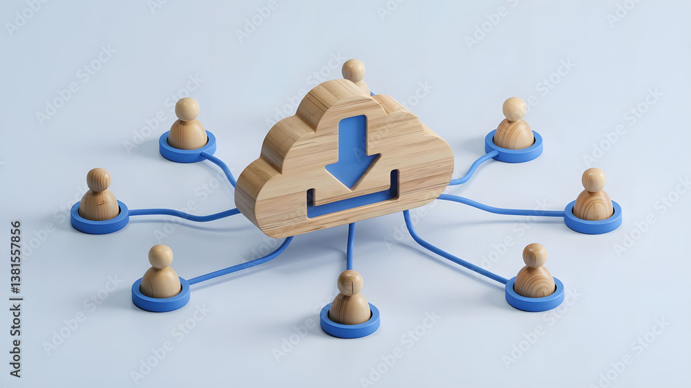 Obraz premium loud computing concept depicted with wooden figures connected to a cloud,