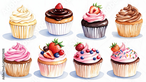 Wallpaper Mural Hand-Painted Watercolor Desserts: Muffins and Cupcakes Collection Torontodigital.ca