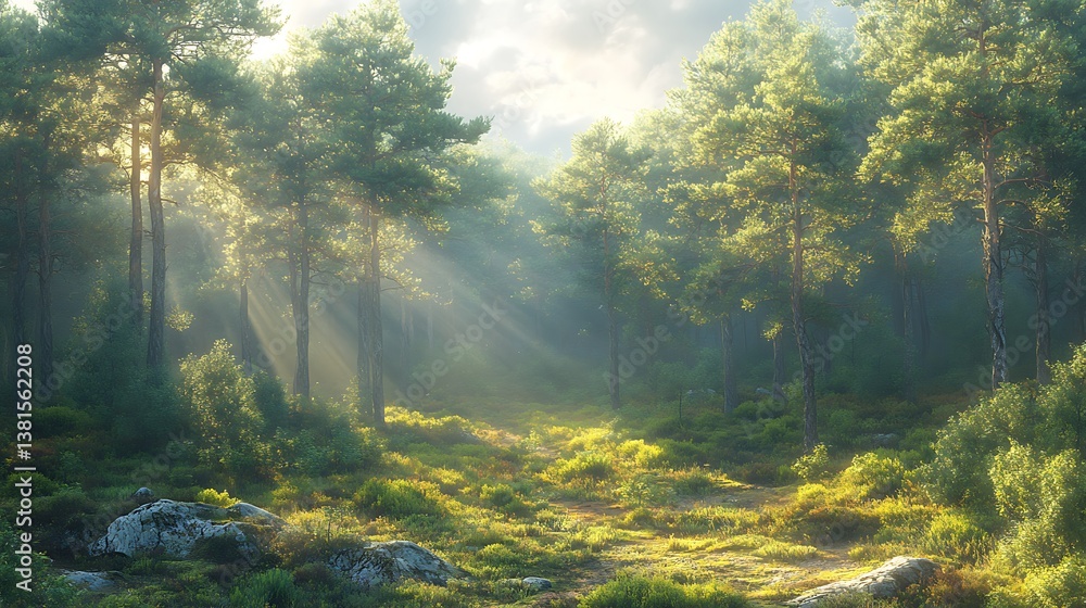 Fototapeta premium Sunlight filtering through green trees image