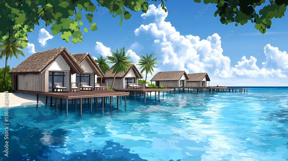 Obraz premium Tropical overwater bungalows on a beach