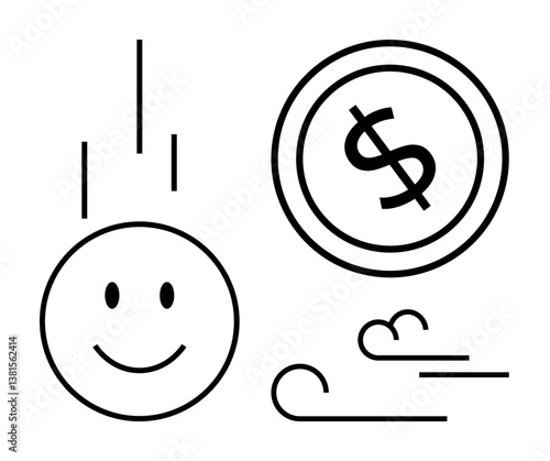 happy face with vertical lines suggesting descent, dollar coin for wealth, wind swirl for motion or change. Ideal for business, economy, luck, finance, opportunity, positivity motivation flat simple