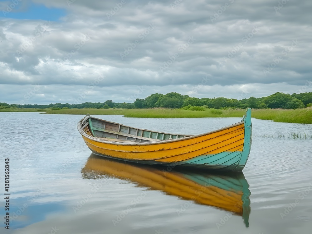 Fototapeta premium Serene Lakeside Scene with Vintage Wooden Rowboat