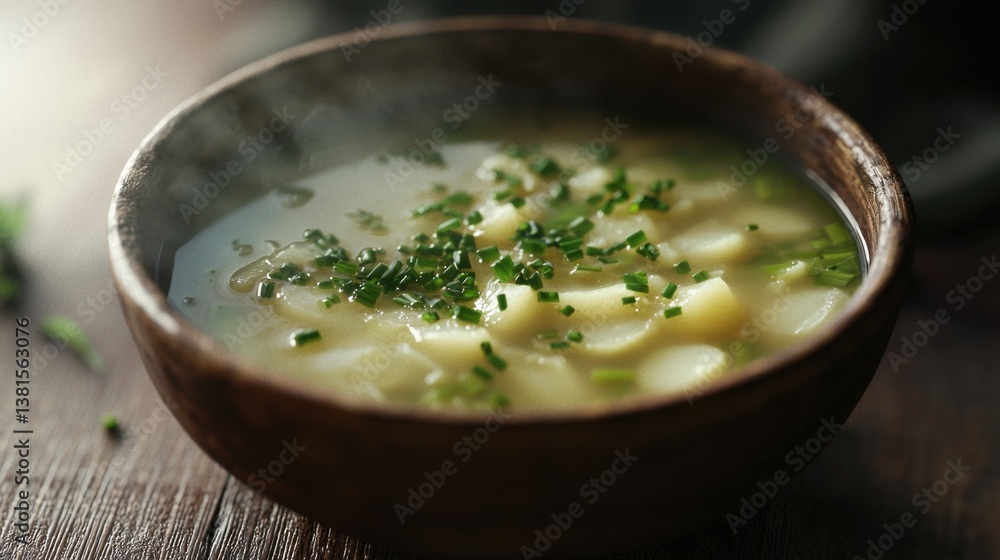 A steaming bowl of potato soup is filled with chopped potatoes and garnished with fresh herbs, creating a cozy dish perfect for cold days. The rustic setting enhances its warmth A steaming bowl of potato soup is filled with chopped potatoes and garnished with fresh herbs, creating a cozy dish perfect for cold days. The rustic setting enhances its warmth