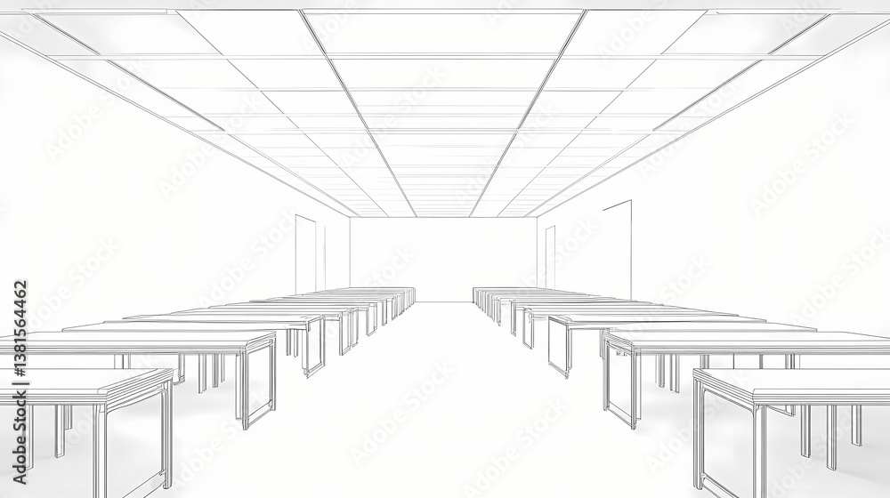Fototapeta premium Empty white classroom symmetrical perspective. Vanishing Echo. Illustration