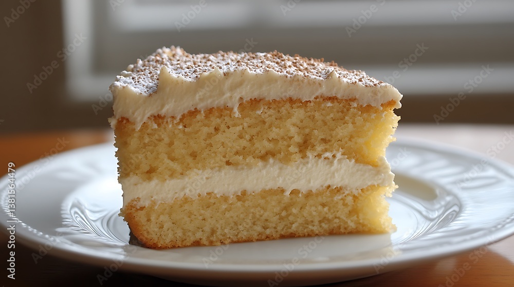 A slice of delicious vanilla cake with creamy frosting and sprinkles, served on a white plate. The cake has two layers, and the frosting is generously spread on top. The A slice of delicious vanilla cake with creamy frosting and sprinkles, served on a white plate. The cake has two layers, and the frosting is generously spread on top. The