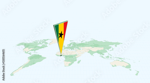 Highlighted Ghana on Global Map with 3D Flag Location Pin of Ghana.