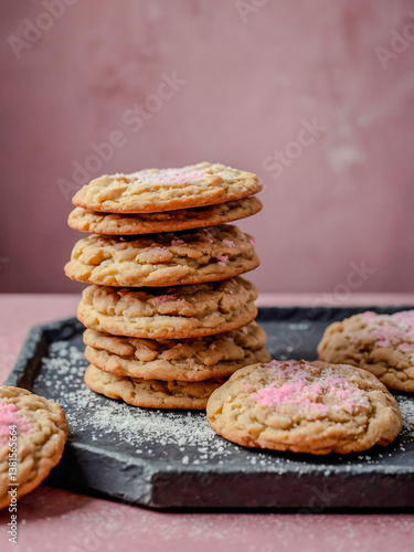 Obraz na płótnie Pfeffernusse cookies stacked neatly on a slate plate, paired with a soft pink background and a light dusting of sugar. w salonie