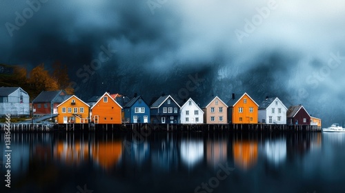 A group of charming, brightly colored houses stands beside a calm body of water, their reflections visible. Dark clouds hover above, adding a moody atmosphere to the coastal village