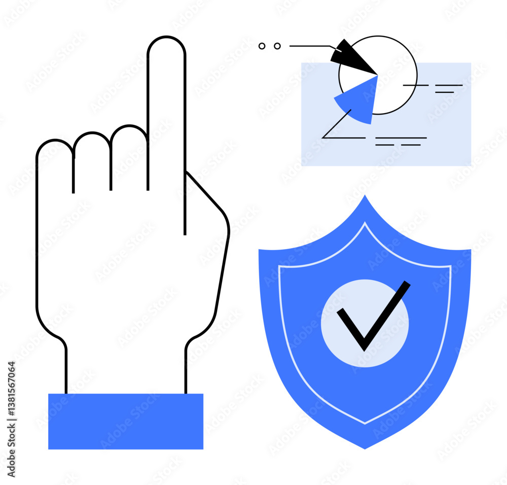 Finger gesture, analytical chart, and shield with tick symbolizing interaction, analytics, and protection. Ideal for security, analytics, decision-making, technology digital interaction trust Finger gesture, analytical chart, and shield with tick symbolizing interaction, analytics, and protection. Ideal for security, analytics, decision-making, technology digital interaction trust