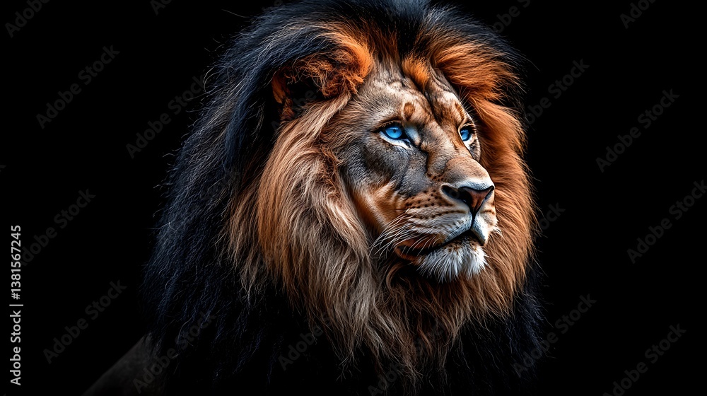 A majestic lion with blue eyes looking towards the distance A majestic lion with blue eyes looking towards the distance