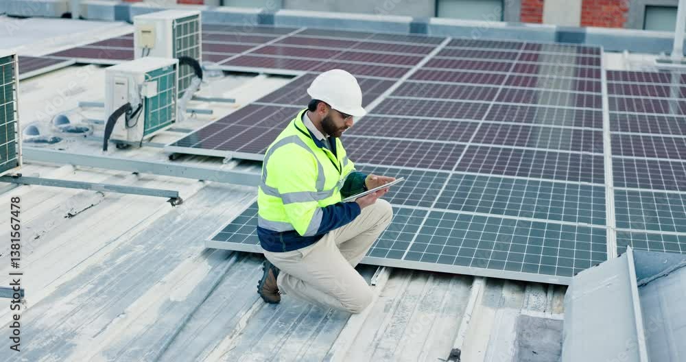 Engineering, man and tablet with solar panel on rooftop for renewable energy installation and quality assurance. Power supply service, technician and inspection of photovoltaic grid for maintenance Engineering, man and tablet with solar panel on rooftop for renewable energy installation and quality assurance. Power supply service, technician and inspection of photovoltaic grid for maintenance