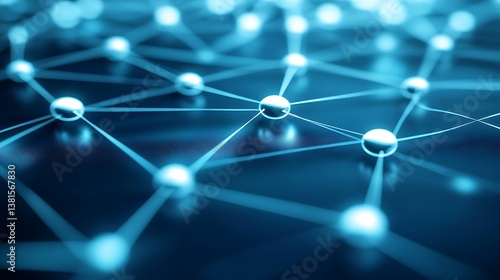 Network of interconnected spheres connected by lines in blue light