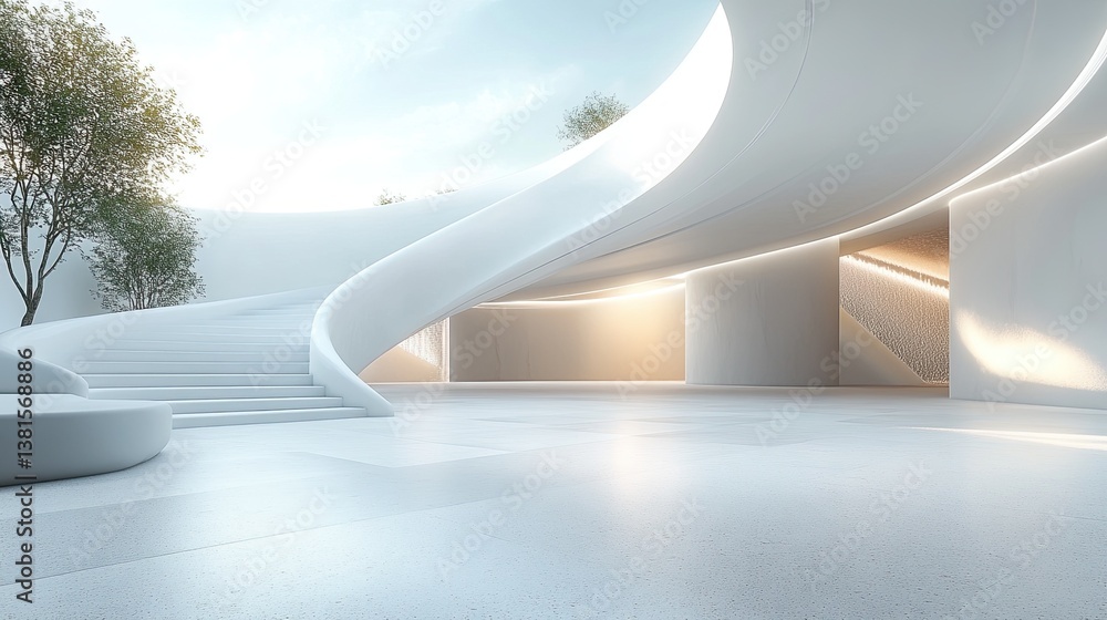 Futuristic 3D render of a white circular building with modern geometric wallpaper and design