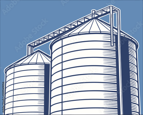 Two Farm Silos: Agricultural Storage Tanks for Grain and Feed.