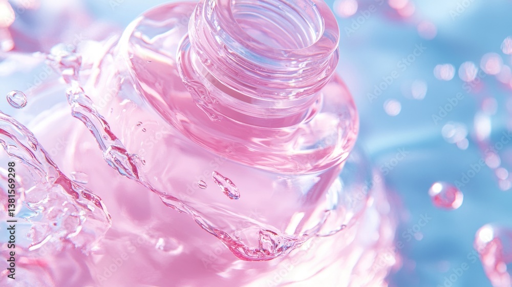 ピンクの水の中で泡立つボトル ピンクの水の中で泡立つボトル
