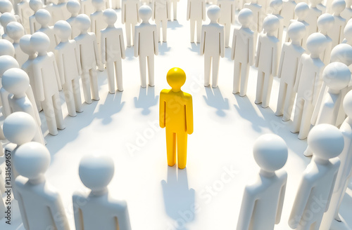 Faceless yellow silhouette of a leader against a faceless white mass of people. Social society.