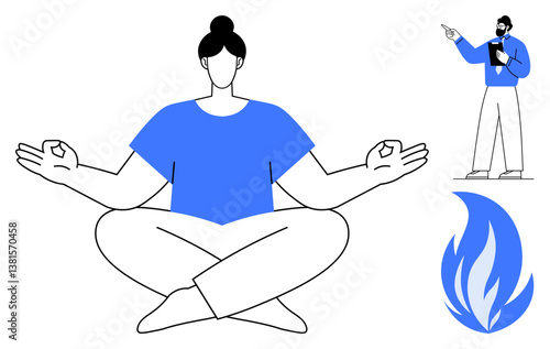 Person meditating cross-legged with hands in a mudra pose, instructor giving guidance, and flame symbol representing energy. Ideal for wellness, mindfulness, personal growth, focus, stress relief