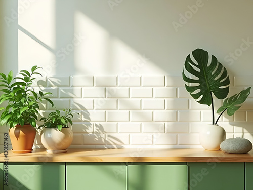 Cozy Japanese Style Counter Mockup with Green Counter and Vase Plant – 3D Render
