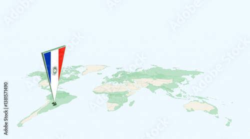 Highlighted Paraguay on Global Map with 3D Flag Location Pin of Paraguay.