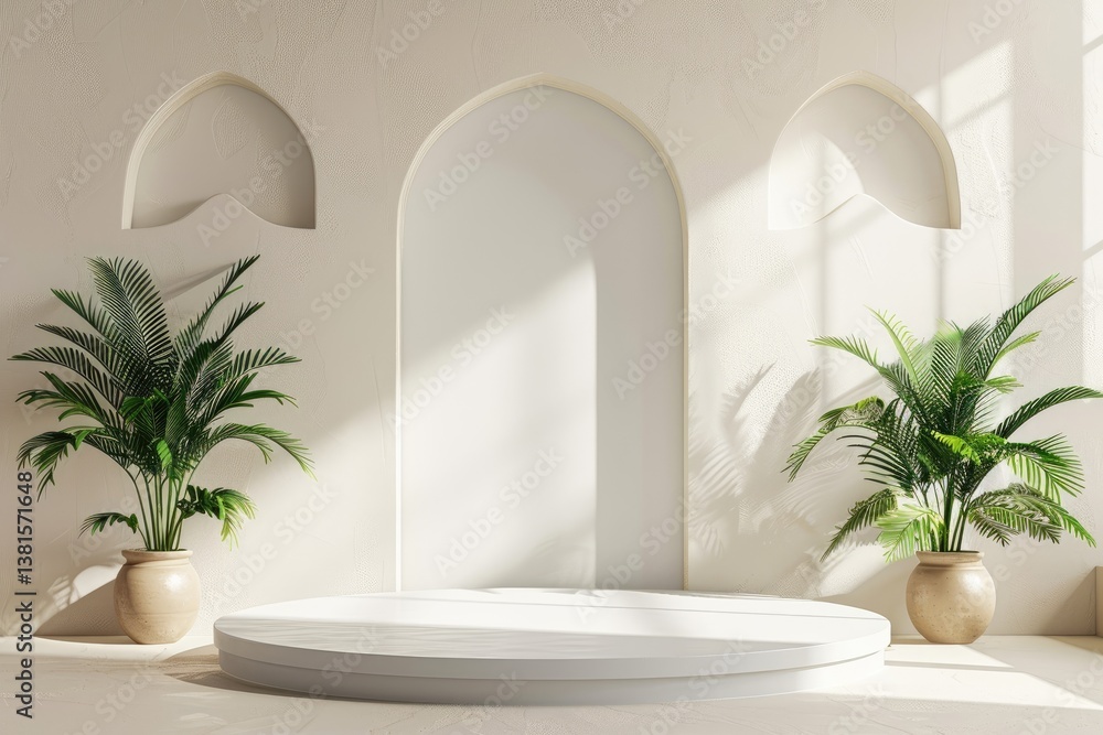 3d podium with Islamic patterns arches and plants for product presentation in modern islamic interior, beige color theme 3d podium with Islamic patterns arches and plants for product presentation in modern islamic interior, beige color theme