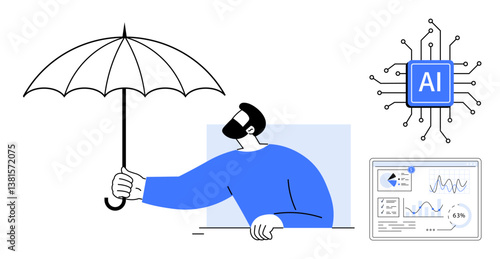 Man holds umbrella symbolizing protection, near AI chip circuitry and data analytics dashboard. Ideal for artificial intelligence, cybersecurity, data privacy, innovation, analytics, protection