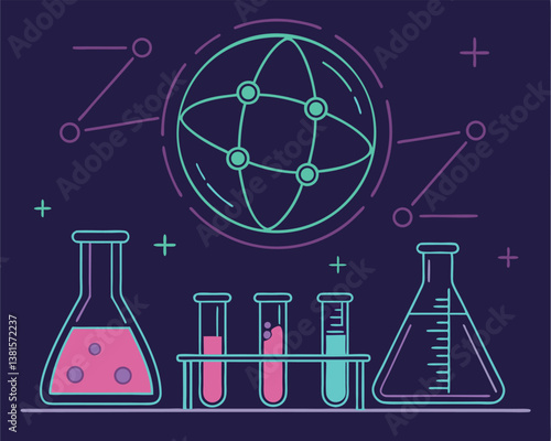 Science Lab Illustration: Beakers, Test Tubes, Globe, and Scientific Elements.