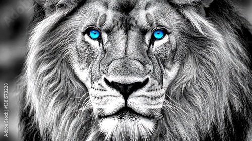 A regal lion displays striking blue eyes looking directly at the viewer