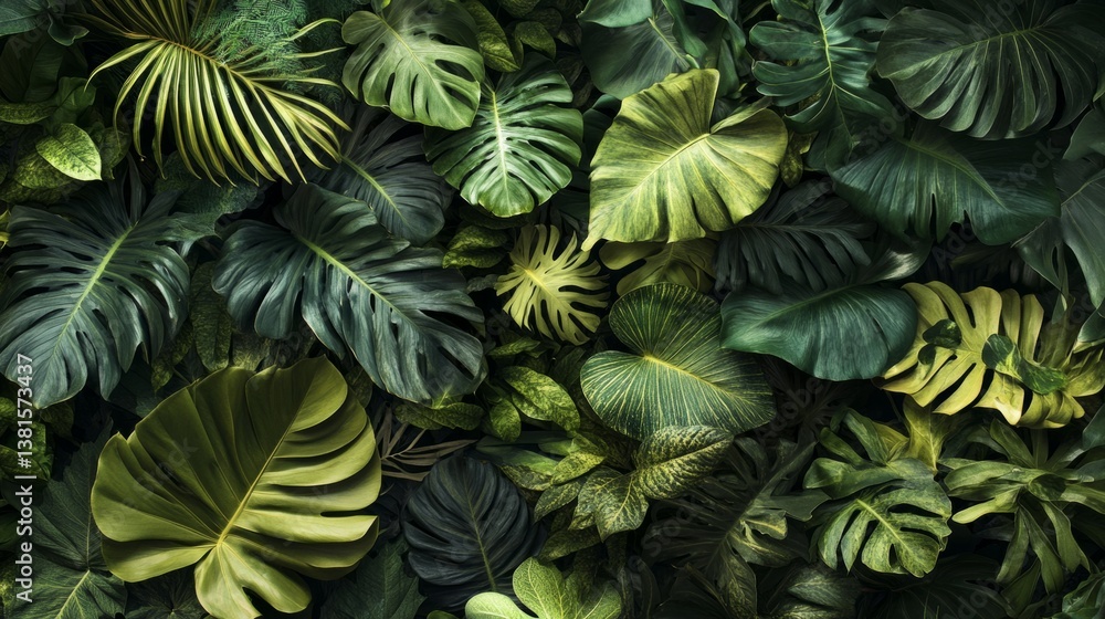 custom made wallpaper toronto digitalDense botanical garden view with overlapping exotic leaves, rich green hues and organic textures generative ai