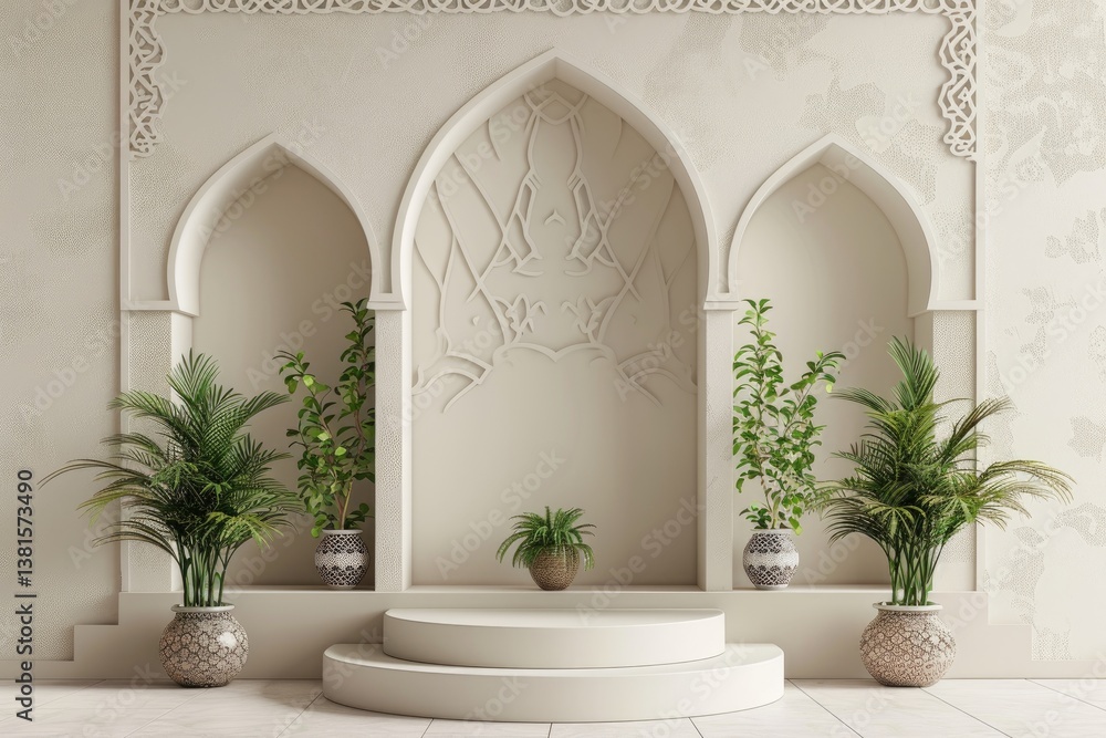 Fototapeta premium 3d podium with Islamic patterns arches and plants for product presentation in modern islamic interior, beige color theme 