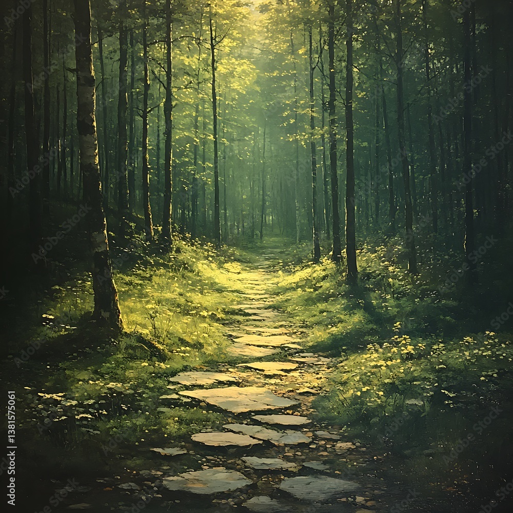 Obraz premium Sunlit forest path with vibrant flowers high resolution hd image